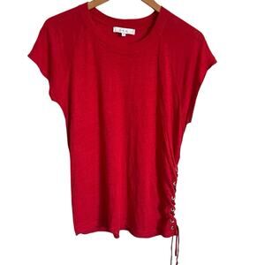 IRO Paris Orange Red Linen Women's M Short Sleeve Top Lace-Up Silver Grommet